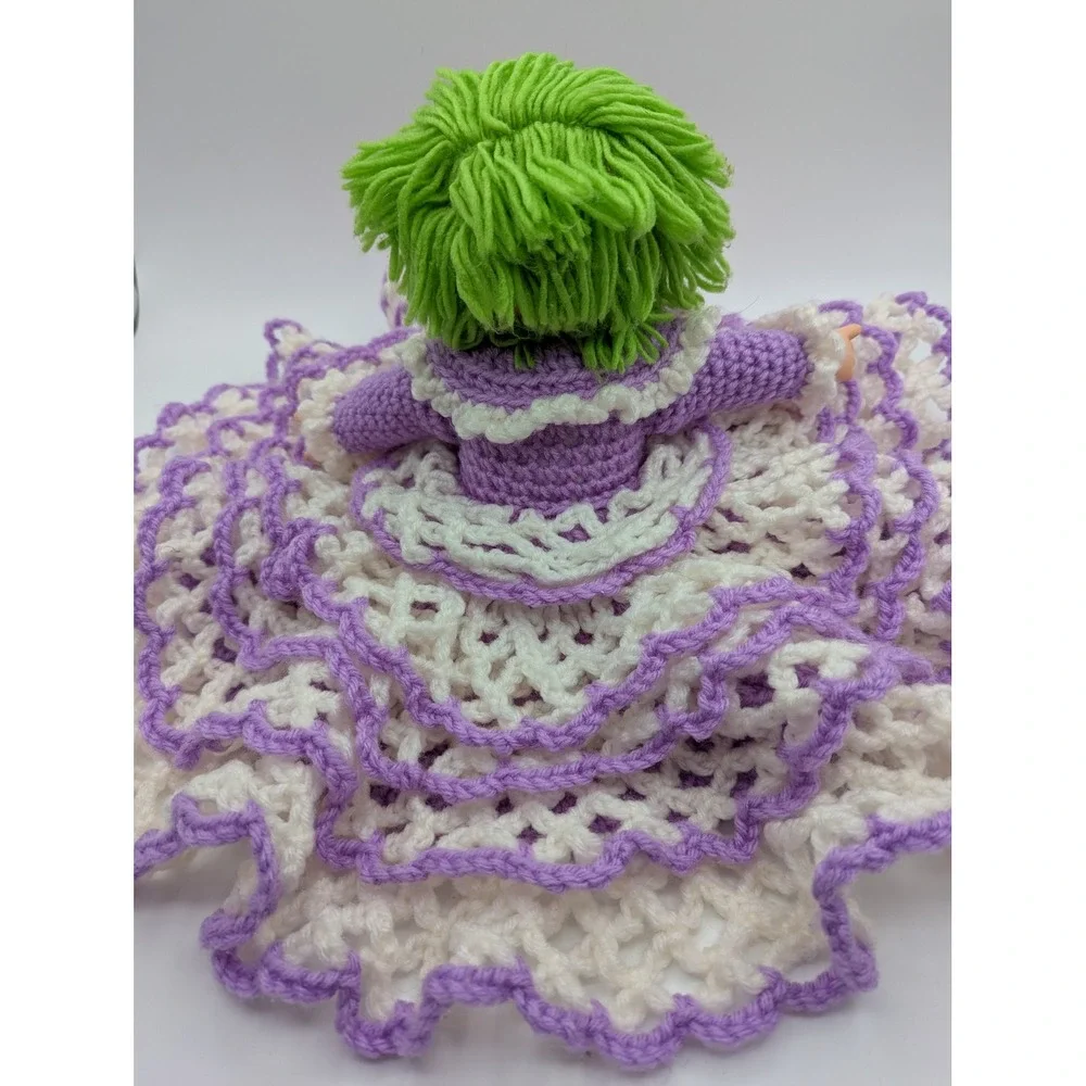 Vintage Handmade Crochet Bed Doll Purple White Ruffle Gown Green‎ Hair 10 Inch